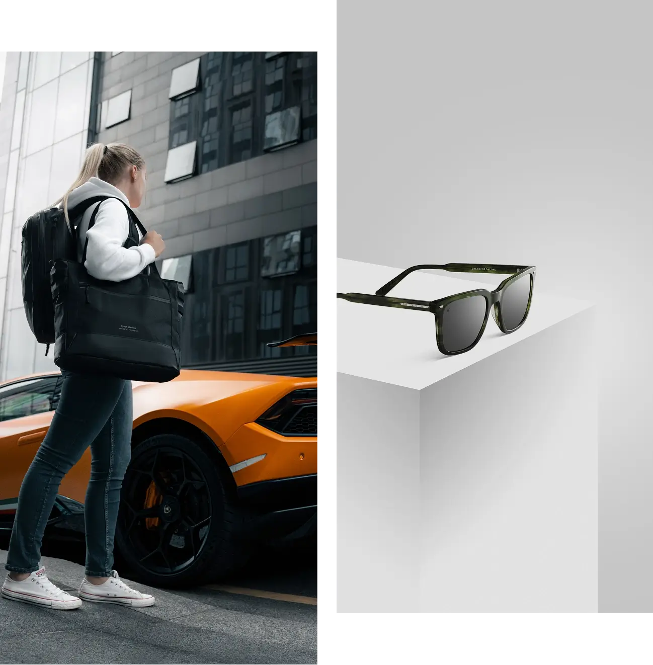 Woman walking by orange car; sunglasses displayed.